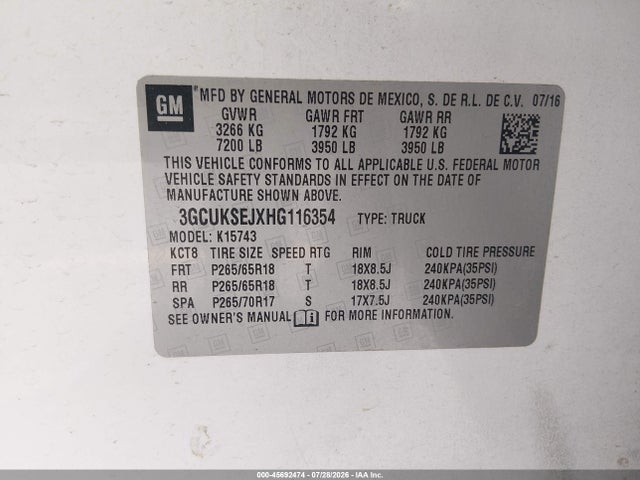 Продажа на аукционе авто 2017 Chevrolet Silverado 1500 Ltz, vin: 3GCUKSEJXHG116354, номер лота: 45692474