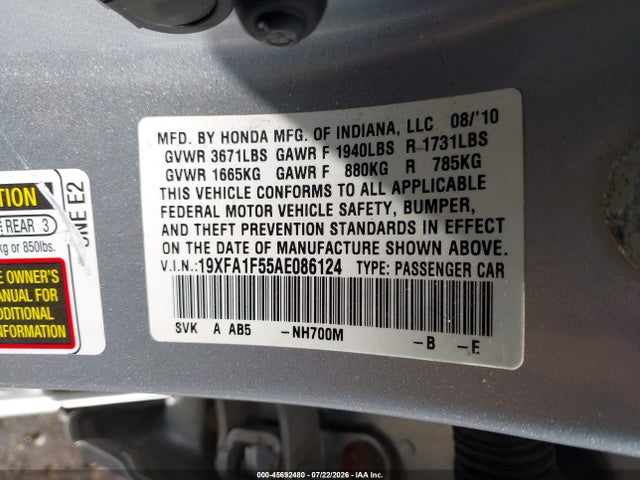 45692480 :رقم المزاد ، 19XFA1F55AE086124 vin ، 2010 Honda Civic Lx مزاد بيع