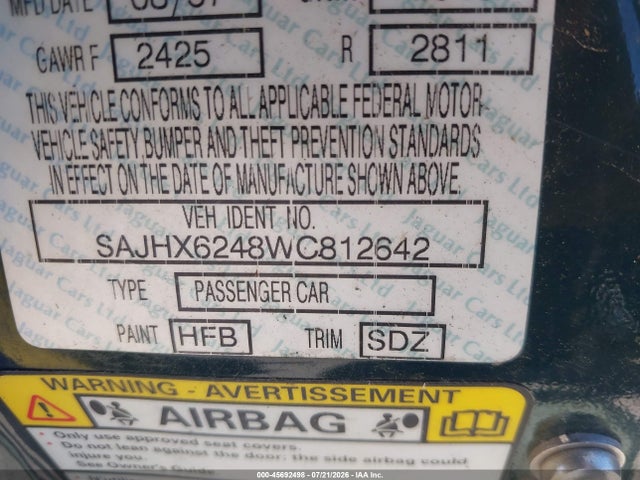 Aukcja sprzedaży 1998 Jaguar Xj8 L, vin: SAJHX6248WC812642, numer aukcji: 45692498