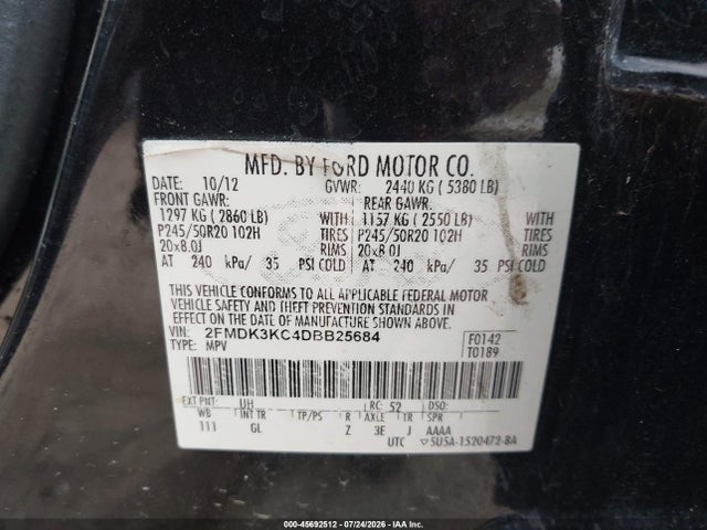 Aukcja sprzedaży 2013 Ford Edge Limited, vin: 2FMDK3KC4DBB25684, numer aukcji: 45692512