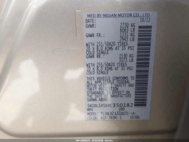 45692521 :رقم المزاد ، 5N1DL1FSXPC350182 vin ، 2023 Infiniti Qx60 Luxe Awd مزاد بيع
