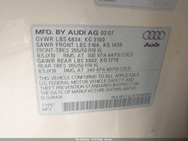 Aukcja sprzedaży 2007 Audi Q7 3.6 Premium, vin: WA1BY74L87D083981, numer aukcji: 45692522
