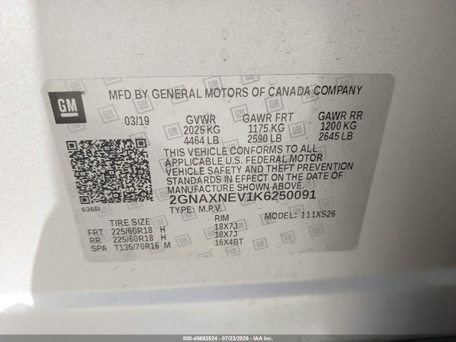 Продажа на аукционе авто 2019 Chevrolet Equinox Premier, vin: 2GNAXNEV1K6250091, номер лота: 45692524