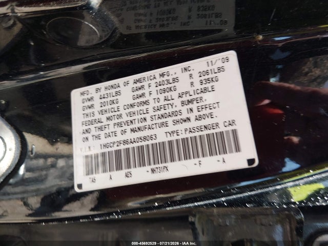 2010 Honda Accord 2.4 Ex-l მანქანა იყიდება აუქციონზე, vin: 1HGCP2F86AA058063, აუქციონის ნომერი: 45692529
