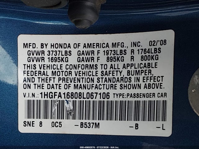 45692576 :رقم المزاد ، 1HGFA16808L067106 vin ، 2008 Honda Civic Ex مزاد بيع