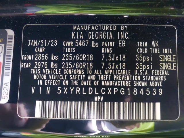 2023 Kia Sorento X-line S მანქანა იყიდება აუქციონზე, vin: 5XYRLDLCXPG184539, აუქციონის ნომერი: 45692593