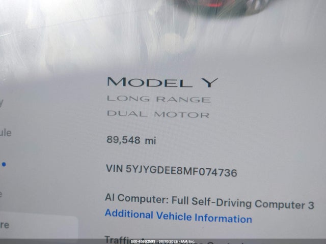 Auction sale of the 2021 Tesla Model Y Long Range Dual Motor All-wheel Drive, vin: 5YJYGDEE8MF074736, lot number: 45692599
