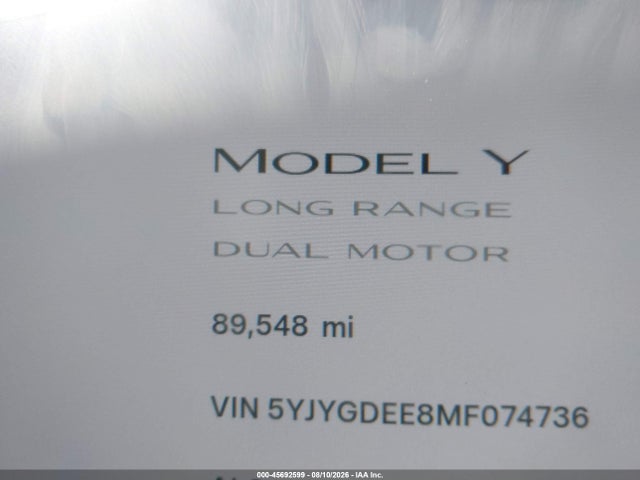 Auction sale of the 2021 Tesla Model Y Long Range Dual Motor All-wheel Drive, vin: 5YJYGDEE8MF074736, lot number: 45692599