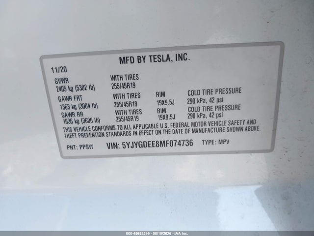 Auction sale of the 2021 Tesla Model Y Long Range Dual Motor All-wheel Drive, vin: 5YJYGDEE8MF074736, lot number: 45692599