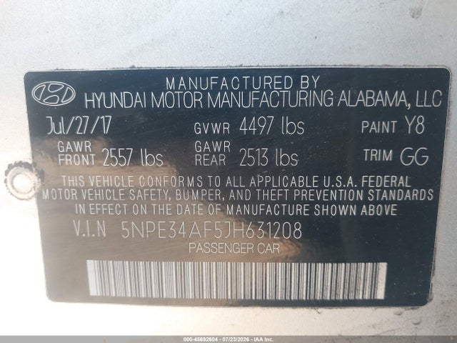 Aukcja sprzedaży 2018 Hyundai Sonata Limited, vin: 5NPE34AF5JH631208, numer aukcji: 45692604