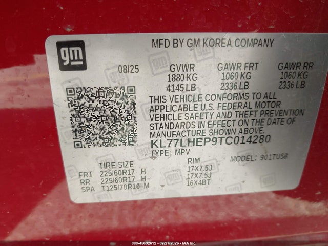 45692612 :رقم المزاد ، KL77LHEP9TC014280 vin ، 2026 Chevrolet Trax Fwd Lt مزاد بيع