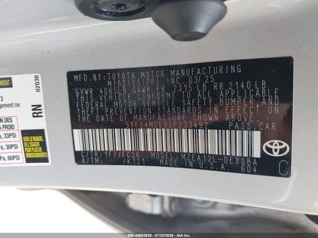 Aukcja sprzedaży 2025 Toyota Corolla Se, vin: 5YFS4MCE9SP233492, numer aukcji: 45692629