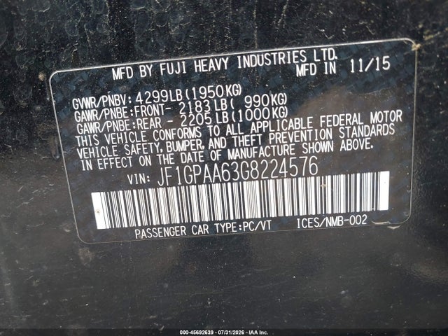 45692639 :رقم المزاد ، JF1GPAA63G8224576 vin ، 2016 Subaru Impreza 2.0i مزاد بيع