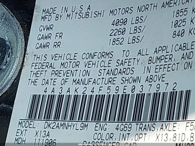 Продаж на аукціоні авто 2009 Mitsubishi Eclipse Gs, vin: 4A3AK24F59E037972, номер лоту: 45692648