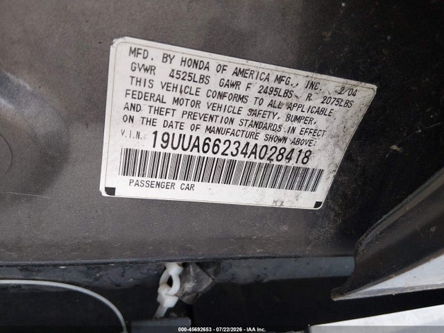 Aukcja sprzedaży 2004 Acura Tl, vin: 19UUA66234A028418, numer aukcji: 45692653