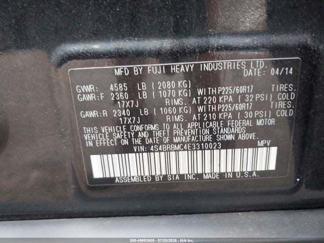 Aukcja sprzedaży 2014 Subaru Outback 2.5i Limited, vin: 4S4BRBMC4E3310023, numer aukcji: 45692659