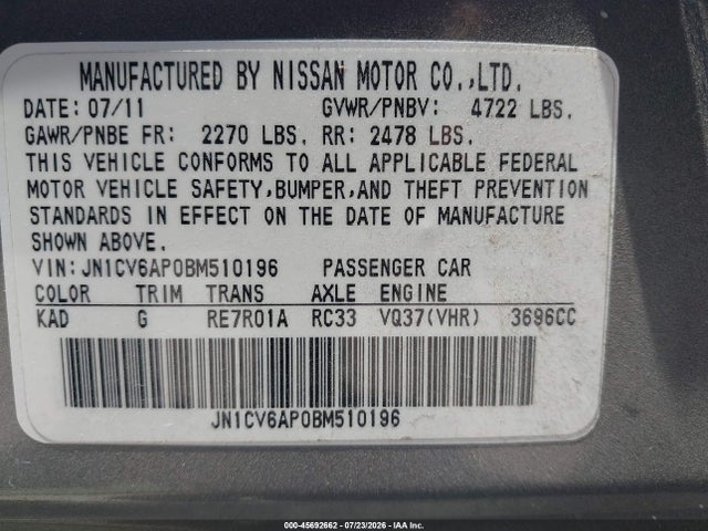 2011 Infiniti G37 Journey მანქანა იყიდება აუქციონზე, vin: JN1CV6AP0BM510196, აუქციონის ნომერი: 45692662