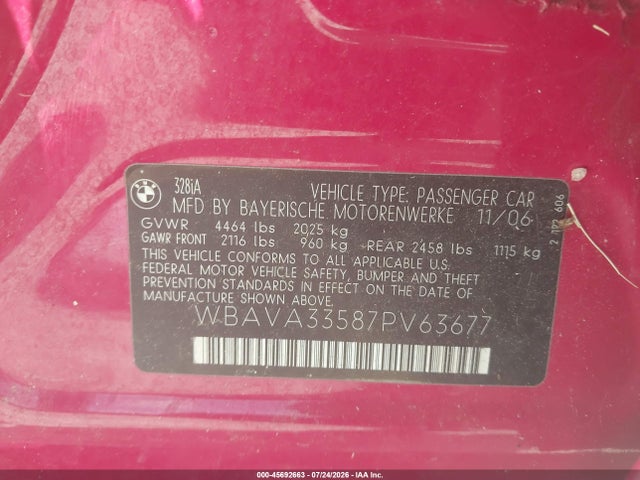 Aukcja sprzedaży 2007 Bmw 328i, vin: WBAVA33587PV63677, numer aukcji: 45692663