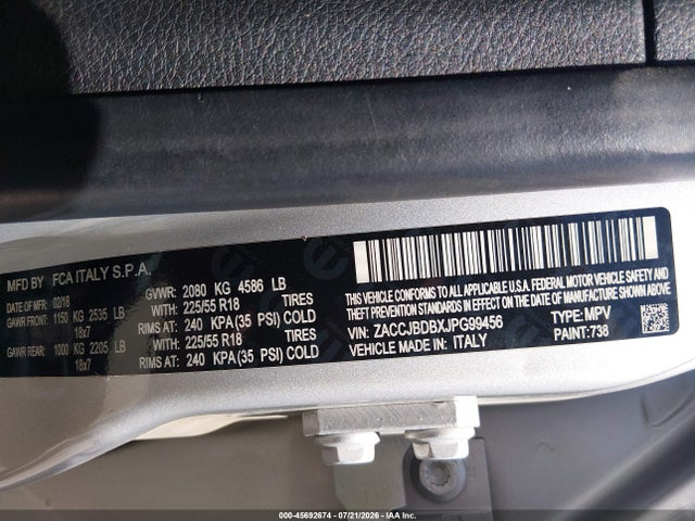 2018 Jeep Renegade Limited 4x4 მანქანა იყიდება აუქციონზე, vin: ZACCJBDBXJPG99456, აუქციონის ნომერი: 45692674