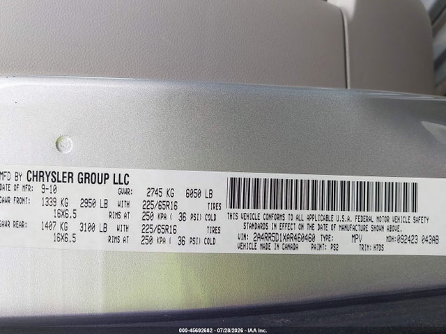 2010 Chrysler Town & Country Touring მანქანა იყიდება აუქციონზე, vin: 2A4RR5D1XAR460460, აუქციონის ნომერი: 45692682