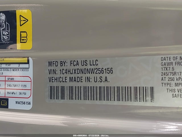 45692684 :رقم المزاد ، 1C4HJXDN0NW256156 vin ، 2022 Jeep Wrangler Unlimited Sport 4x4 مزاد بيع