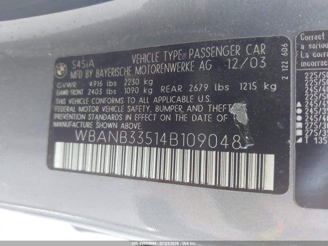 45692694 :رقم المزاد ، WBANB33514B109048 vin ، 2004 Bmw 545i مزاد بيع