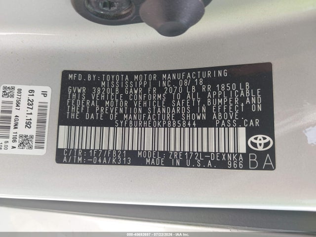 Aukcja sprzedaży 2019 Toyota Corolla Le, vin: 5YFBURHE0KP885844, numer aukcji: 45692697