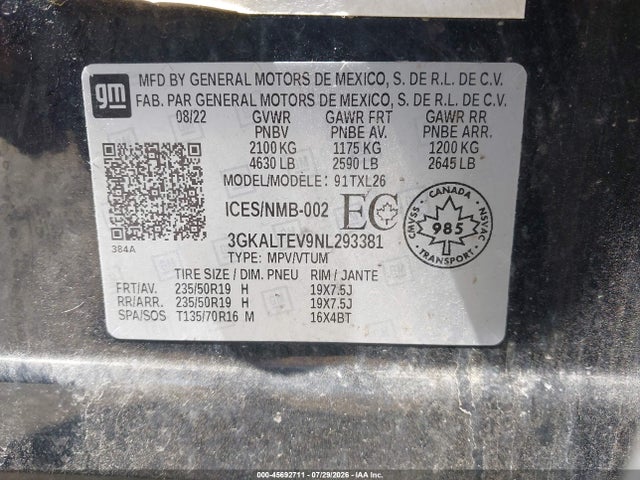 45692711 :رقم المزاد ، 3GKALTEV9NL293381 vin ، 2022 Gmc Terrain Sle مزاد بيع