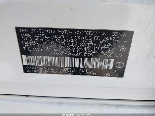 45692714 :رقم المزاد ، JTHBK262X62013275 vin ، 2006 Lexus Is 250 مزاد بيع