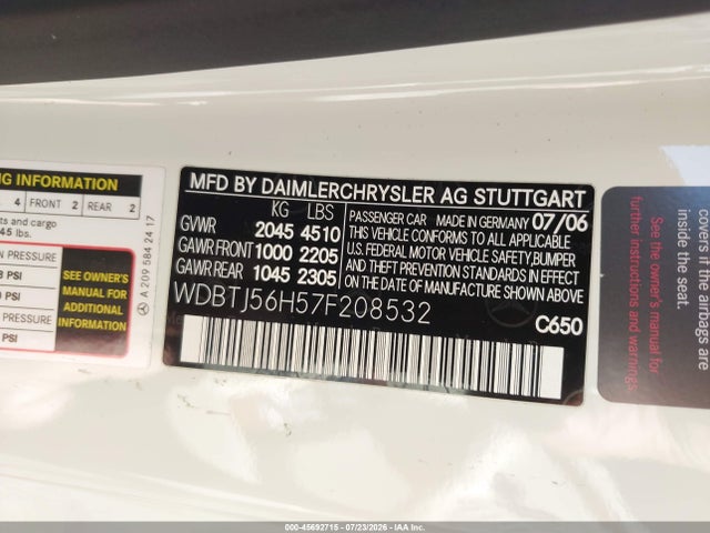45692715 :رقم المزاد ، WDBTJ56H57F208532 vin ، 2007 Mercedes-benz Clk 350 مزاد بيع