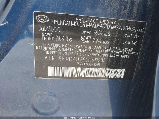 5NPD74LF9LH612287 Hyundai ELANTRA SE
