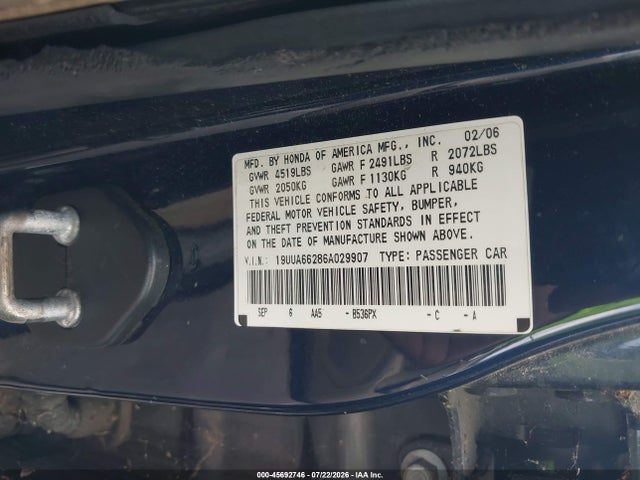 2006 Acura Tl მანქანა იყიდება აუქციონზე, vin: 19UUA66286A029907, აუქციონის ნომერი: 45692746