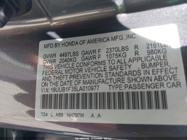 2020 Acura Tlx Standard მანქანა იყიდება აუქციონზე, vin: 19UUB1F35LA010977, აუქციონის ნომერი: 45692750