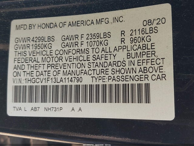 Aukcja sprzedaży 2020 Honda Accord Lx, vin: 1HGCV1F13LA114790, numer aukcji: 45692753