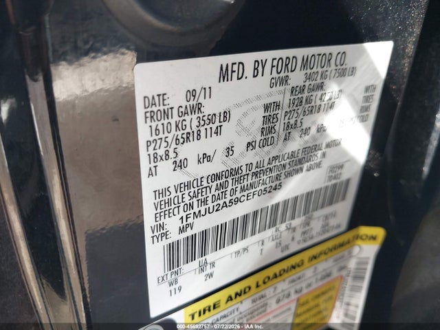 2012 Ford Expedition Limited მანქანა იყიდება აუქციონზე, vin: 1FMJU2A59CEF05245, აუქციონის ნომერი: 45692757