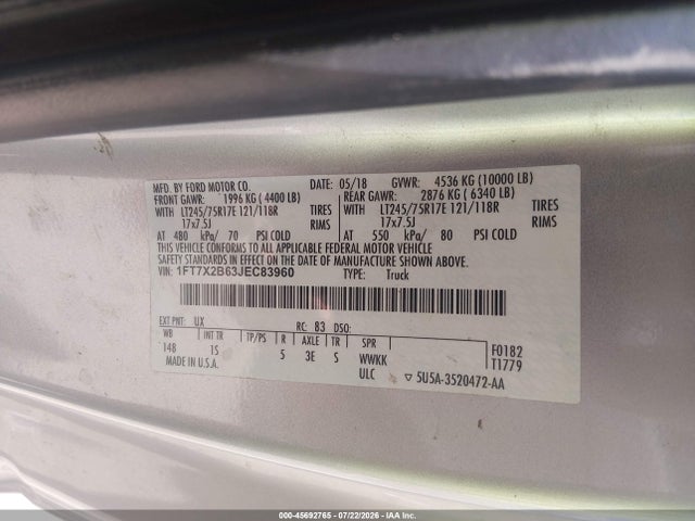 2018 Ford F-250 Xl მანქანა იყიდება აუქციონზე, vin: 1FT7X2B63JEC83960, აუქციონის ნომერი: 45692765