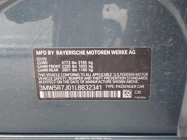 45692770 :رقم المزاد ، 3MW5R7J01L8B32341 vin ، 2020 Bmw 330i Xdrive مزاد بيع