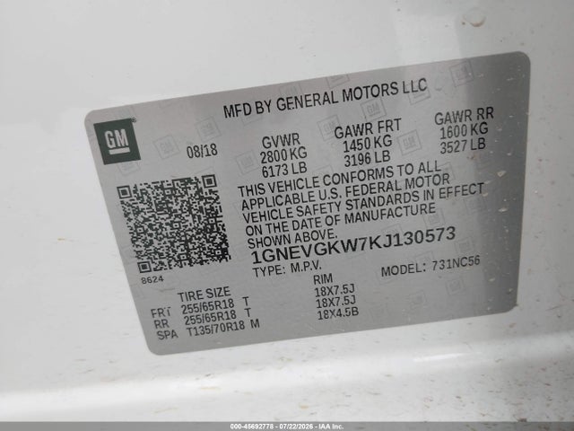 2019 Chevrolet Traverse 1lt მანქანა იყიდება აუქციონზე, vin: 1GNEVGKW7KJ130573, აუქციონის ნომერი: 45692778