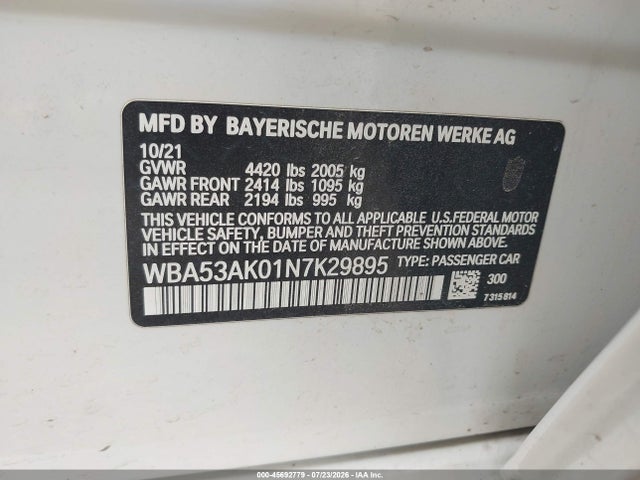 45692779 :رقم المزاد ، WBA53AK01N7K29895 vin ، 2022 Bmw 228 Gran Coupe I Sdrive مزاد بيع