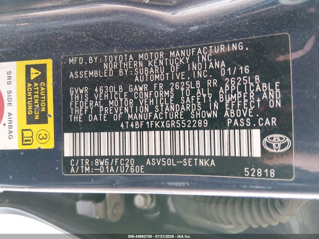 Aukcja sprzedaży 2016 Toyota Camry Le, vin: 4T4BF1FKXGR552289, numer aukcji: 45692780