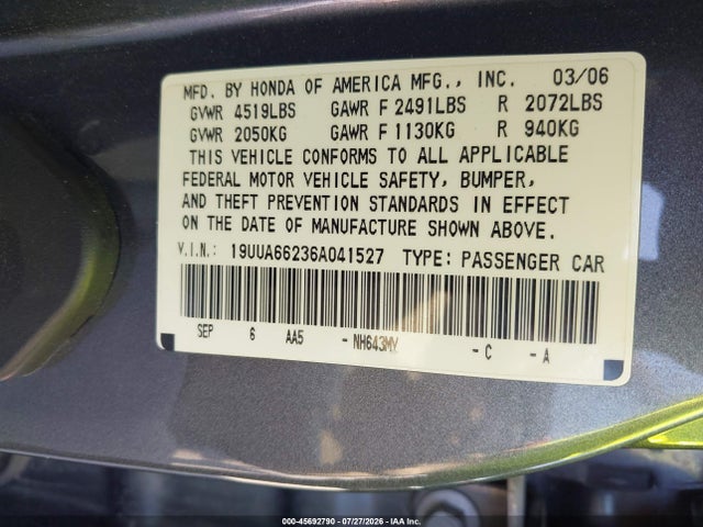 Aukcja sprzedaży 2006 Acura Tl, vin: 19UUA66236A041527, numer aukcji: 45692790