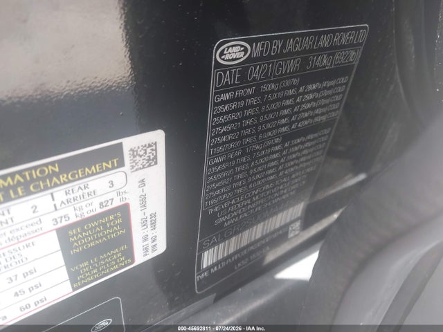 Aukcja sprzedaży 2021 Land Rover Range Rover, vin: SALGR2SU0MA448232, numer aukcji: 45692811