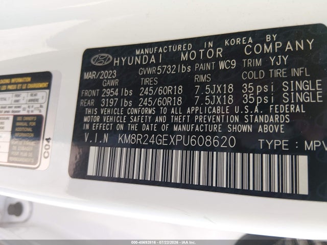 Aukcja sprzedaży 2023 Hyundai Palisade Sel, vin: KM8R24GEXPU608620, numer aukcji: 45692816