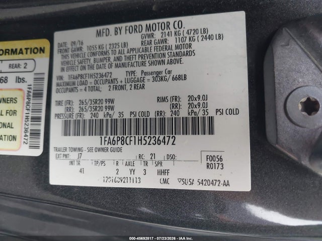 45692817 :رقم المزاد ، 1FA6P8CF1H5236472 vin ، 2017 Ford Mustang Gt Premium مزاد بيع