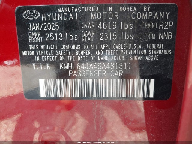 Aukcja sprzedaży 2025 Hyundai Sonata Sel, vin: KMHL64JA4SA481311, numer aukcji: 45692818