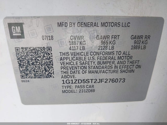 Продажа на аукционе авто 2018 Chevrolet Malibu Lt, vin: 1G1ZD5ST2JF276073, номер лота: 45692827