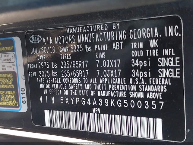 Aukcja sprzedaży 2019 Kia Sorento 2.4l Lx, vin: 5XYPG4A39KG500357, numer aukcji: 45692829