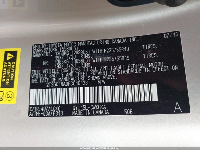 45692837 :رقم المزاد ، 2T2BC1BA0FC010128 vin ، 2015 Lexus Rx 450h مزاد بيع