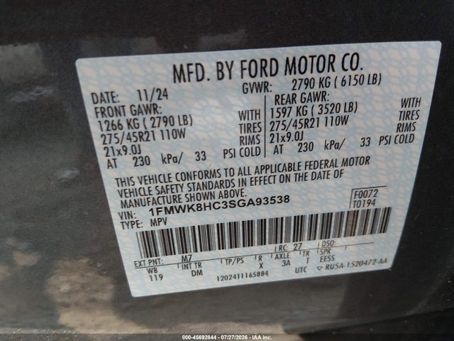 Продажа на аукционе авто 2025 Ford Explorer Platinum, vin: 1FMWK8HC3SGA93538, номер лота: 45692844