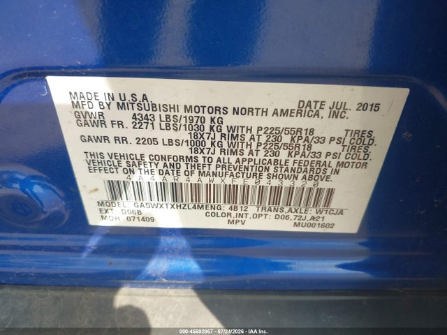 4A4AR4AWXFE043320 Mitsubishi Outlander Sport Gt